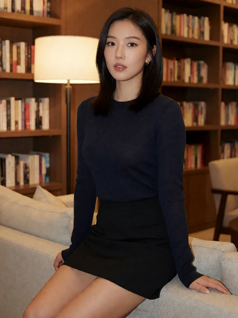 成年女性穿深色针织上衣与黑色短裙,坐在暖色书房沙发边